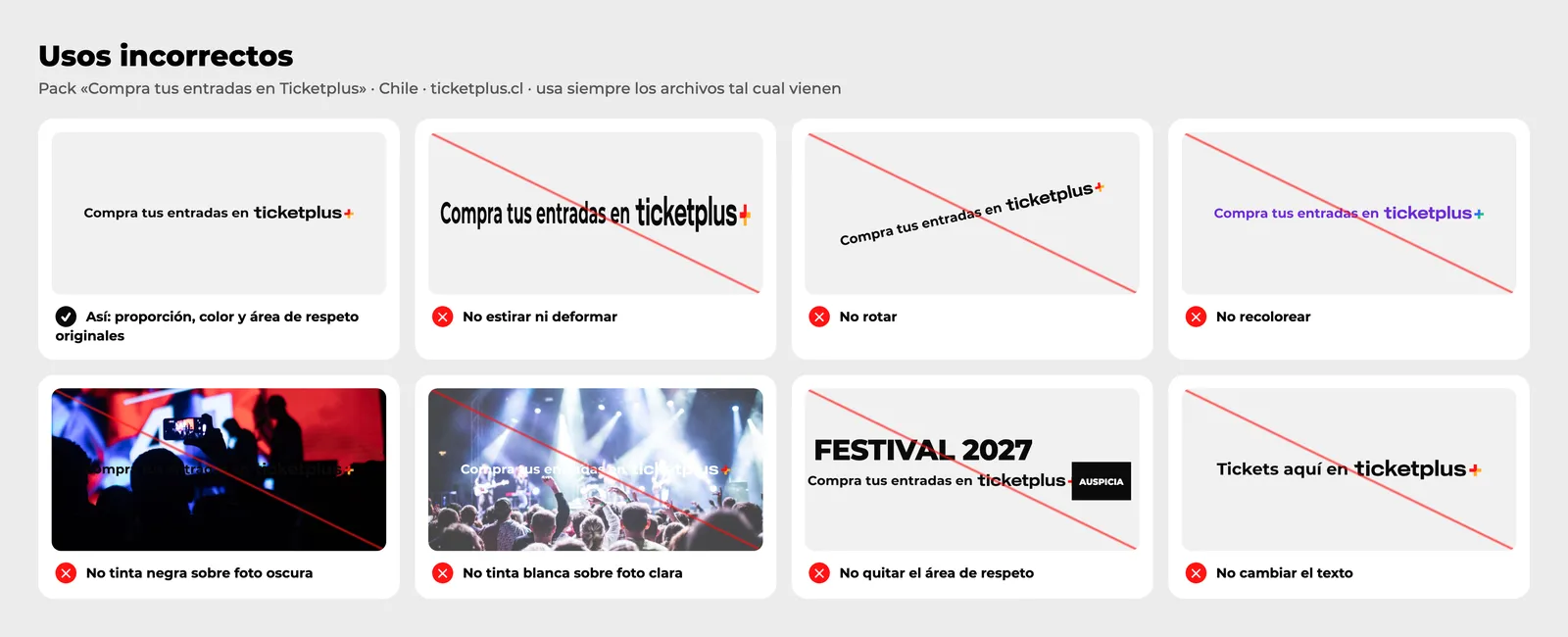 Usos incorrectos del logo: proporción alterada, colores cambiados, rotación, contraste bajo y otros
