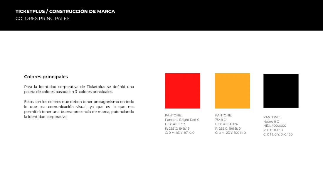 Colores principales con sus referencias Pantone, HEX, RGB y CMYK