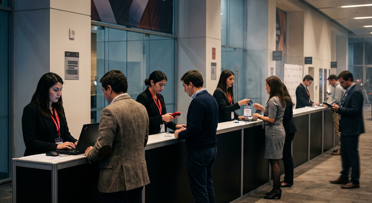 Staff Ticketplus acreditando asistente con credencial impresa en puerta de evento