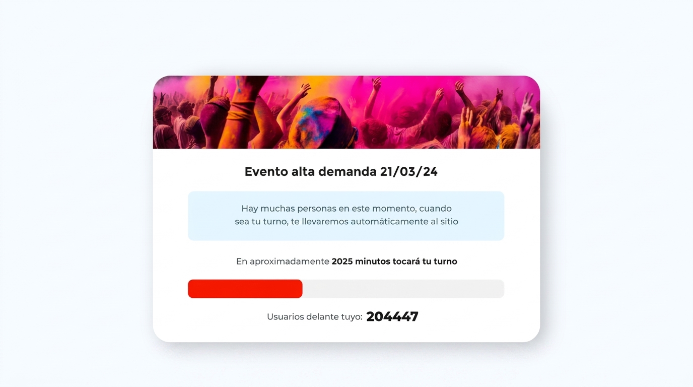 Sala de espera virtual de Ticketplus mostrando posición y minutos estimados