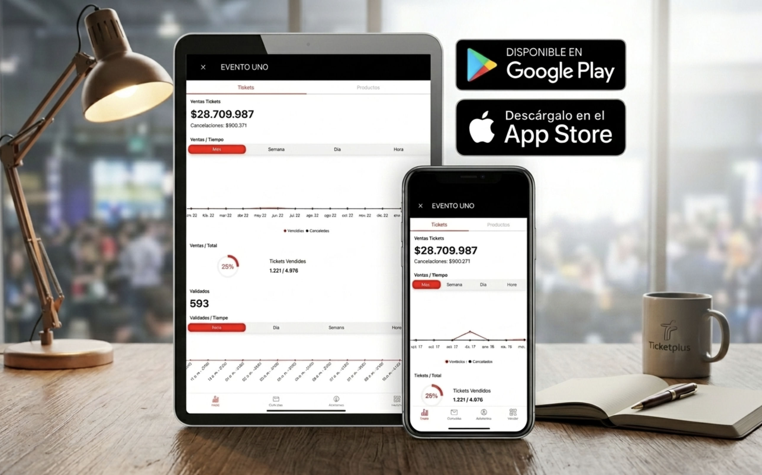 App Manager Ticketplus en tablet y smartphone sobre un escritorio mostrando ventas, validados y gráficos en vivo