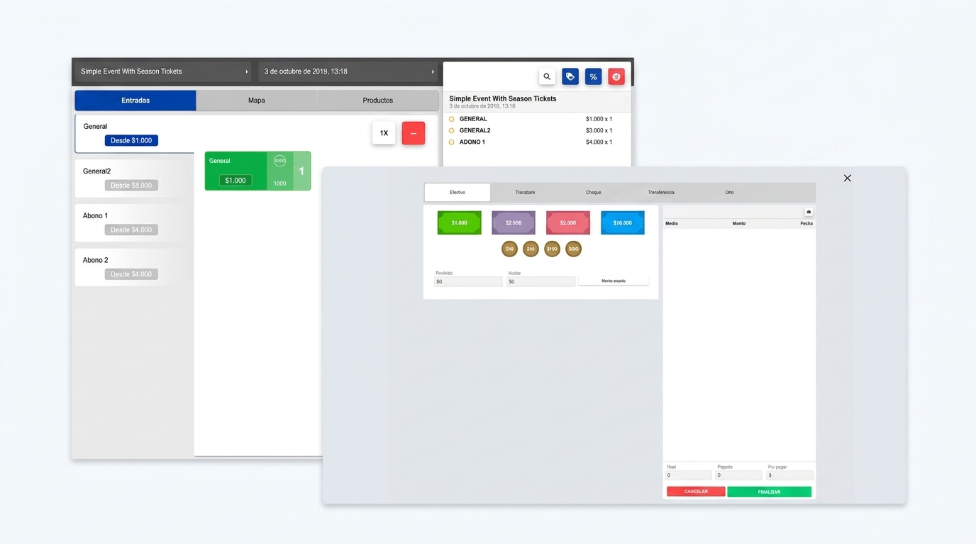 Software de boletería Ticketplus con selección de entradas y modal de cobro en efectivo