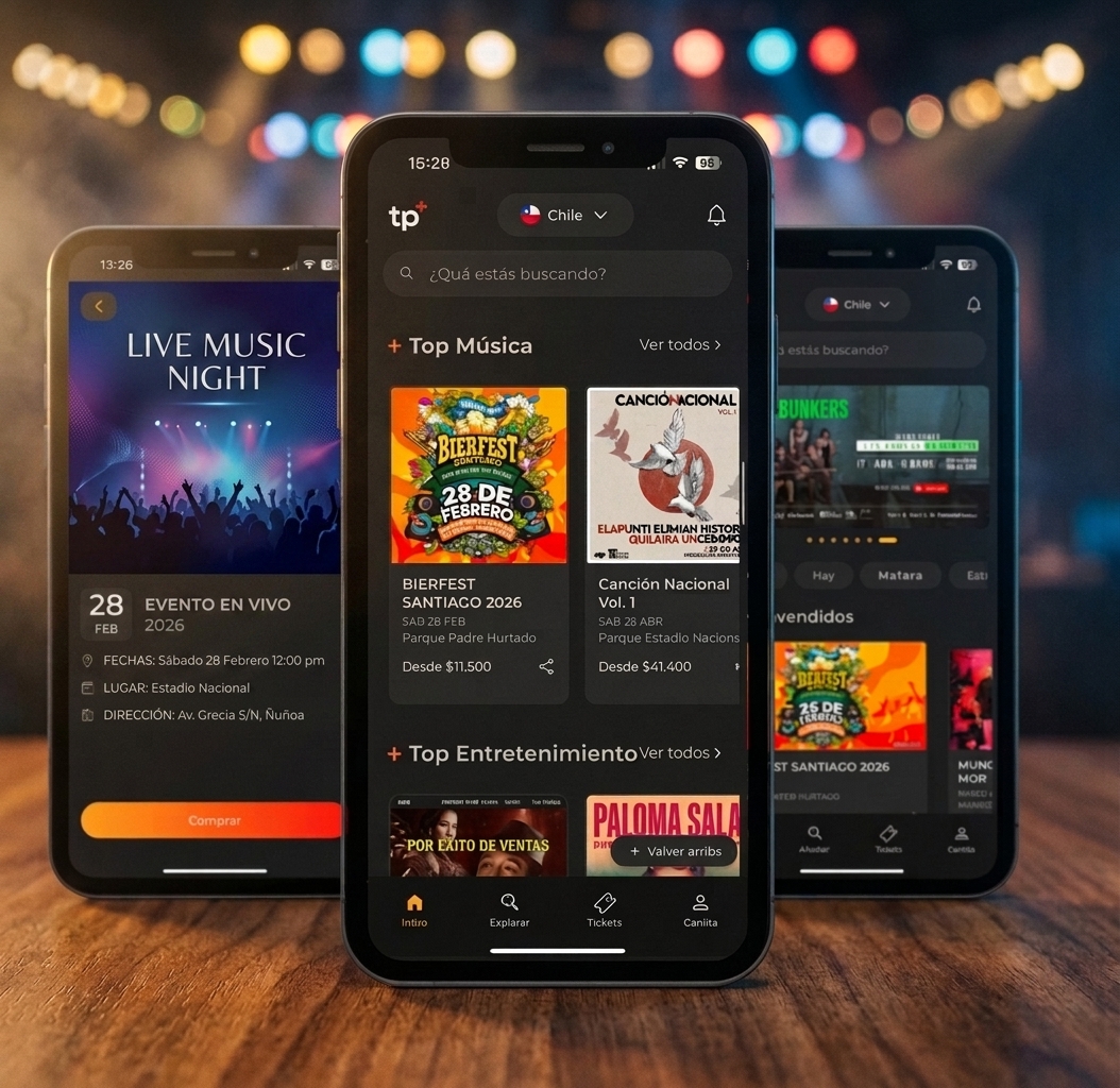 App Ticketplus mostrando listing de eventos en la base propia de compradores