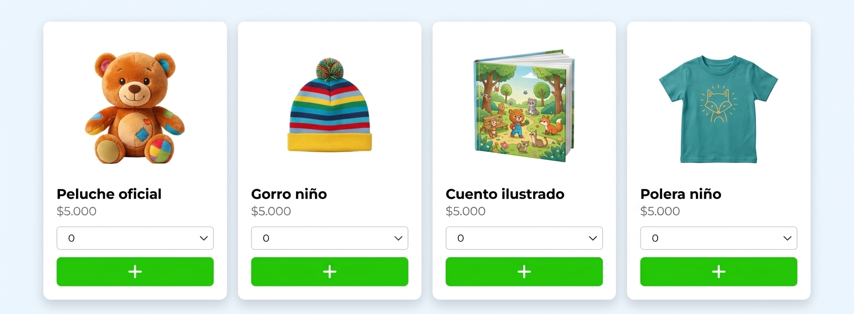 E-commerce Ticketplus con productos infantiles (peluche, gorro, cuento, polera) y botón agregar al carrito