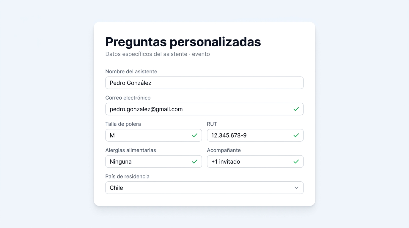 Checkout Ticketplus con sección Preguntas personalizadas (talla, alergias, RUT)