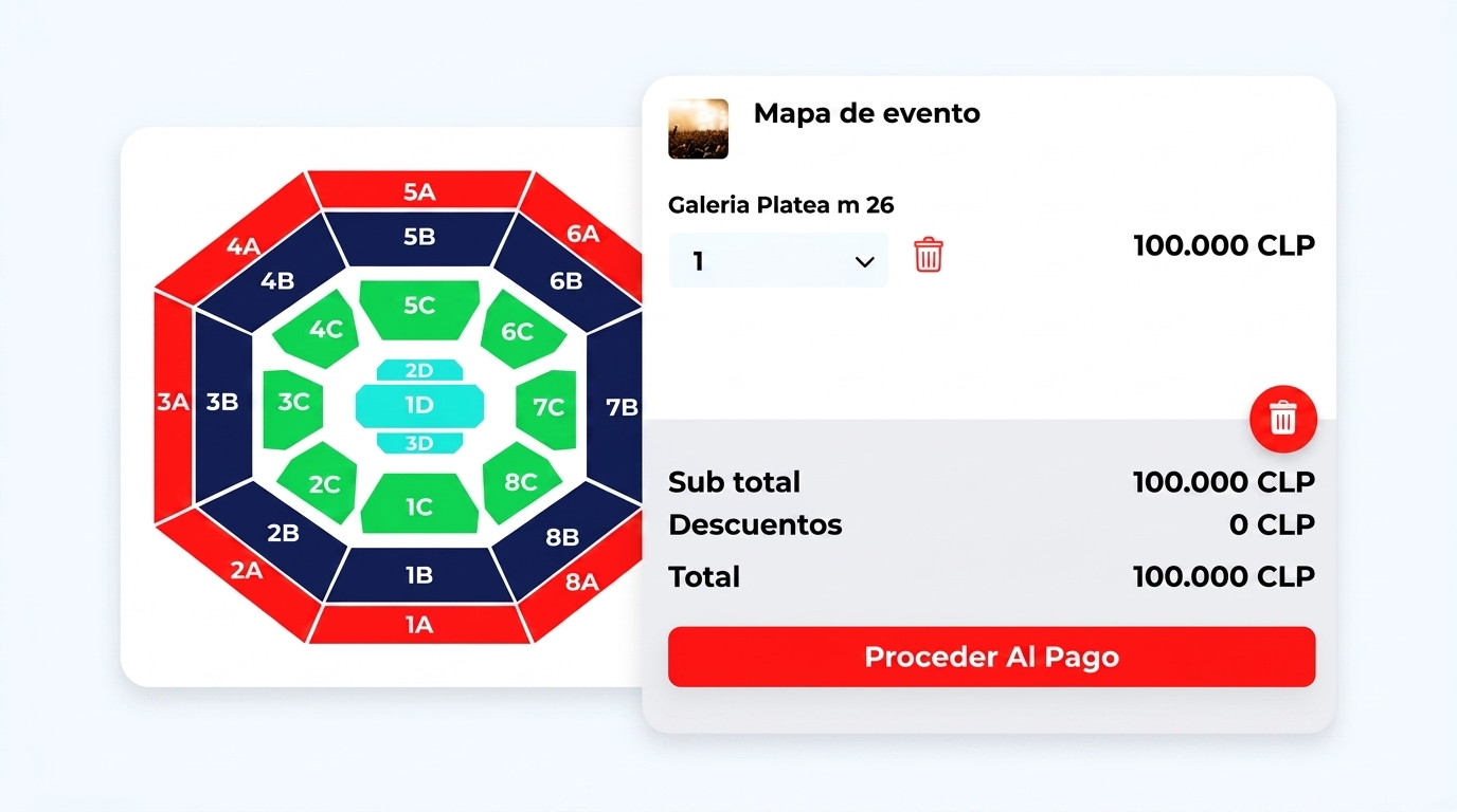 Mapa interactivo del venue Ticketplus con selección de butaca y checkout