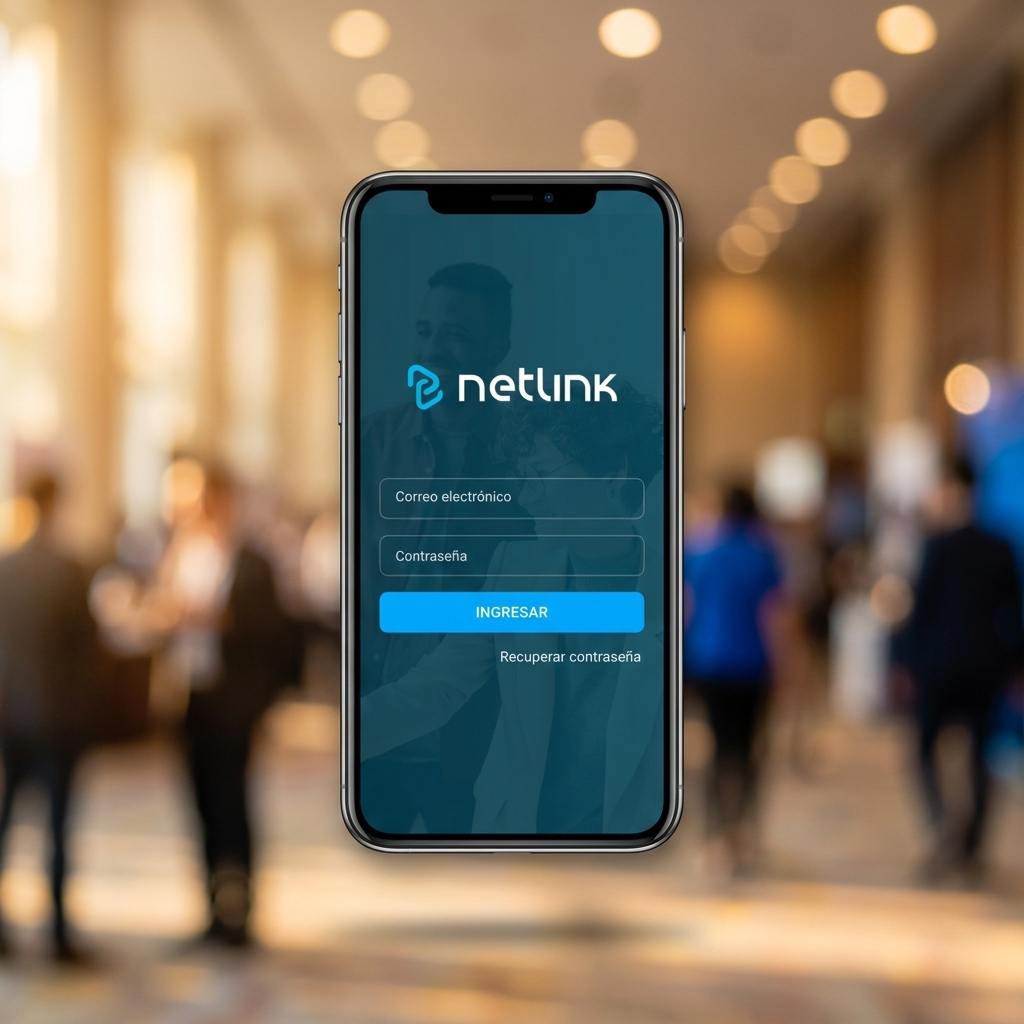Tres pantallas de login de la app de networking con branding personalizado: Magical Startups Digital Summit, Sports Summit México 2020 y Netlink
