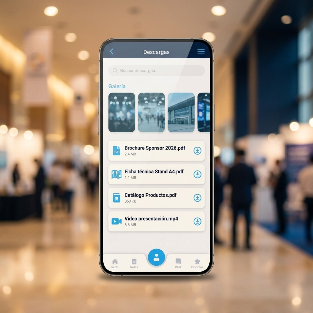 Pantalla Descargas Netlink con galería de fotos del evento y repositorio de brochures, fichas técnicas y catálogos en PDF