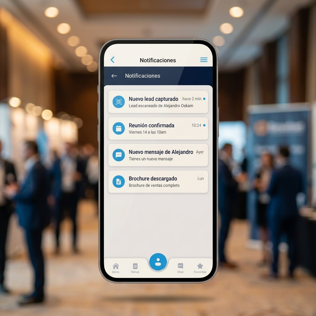 Pantalla de notificaciones push Netlink con leads capturados, reuniones confirmadas y mensajes en estilo card list