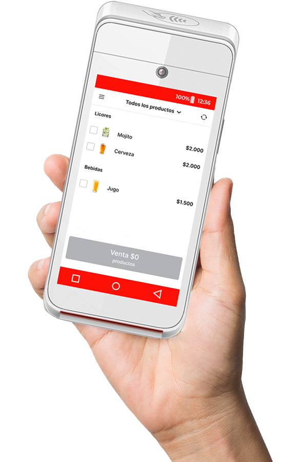 Mano sosteniendo POS Android Ticketplus con vista de productos (licores, bebidas) y botón Venta