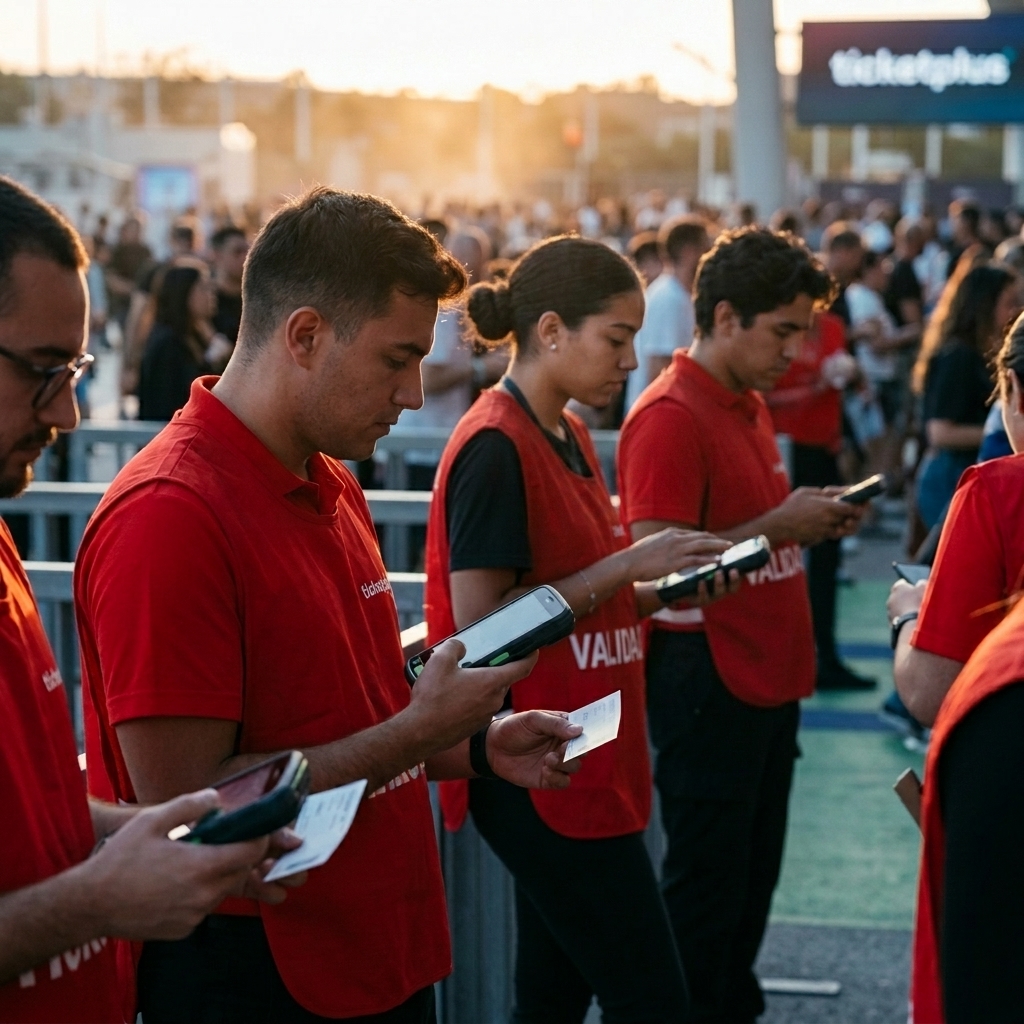 Equipo Ticketplus en línea validando QR en puerta de evento al atardecer, fondo letrero ticketplus iluminado