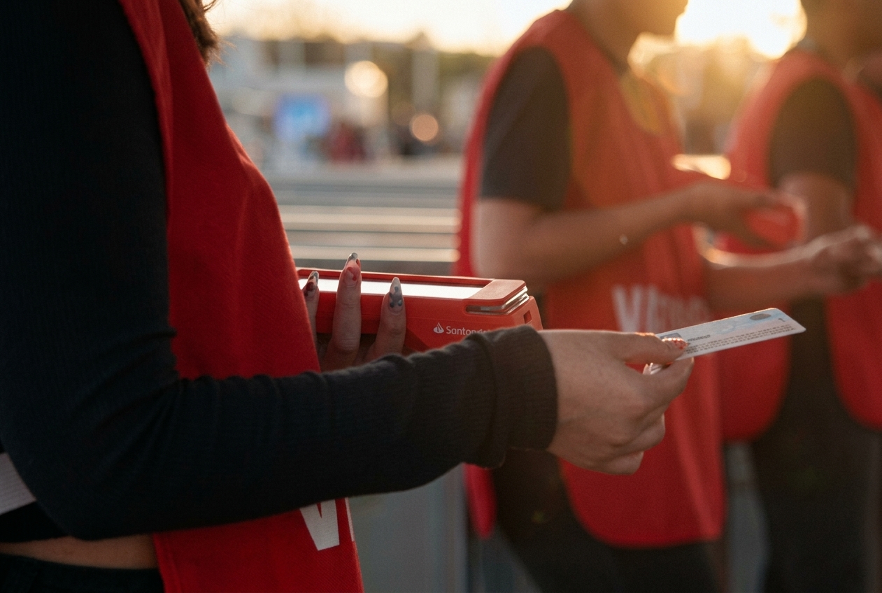 Staff Ticketplus con chaleco rojo validando cédula de identidad en puerta de evento al atardecer